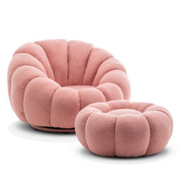 Teddy Boucle Fabric Pink Swivel Accent Chair With Footstool - thumbnail 3