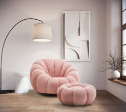 Teddy Boucle Fabric Pink Swivel Accent Chair With Footstool - thumbnail 2