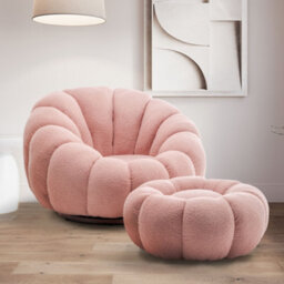 Teddy Boucle Fabric Pink Swivel Accent Chair With Footstool