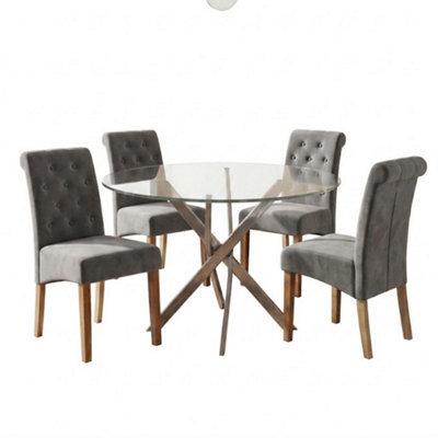 Oira Homes Modern Round Glass Dining Table Set With 4 Grey Velvet Chairs 4 Seater Dining Table Set - image 1
