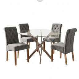 Oira Homes Modern Round Glass Dining Table Set With 4 Grey Velvet Chairs 4 Seater Dining Table Set - thumbnail 1