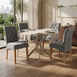 Oira Homes Modern Round Glass Dining Table Set With 4 Grey Velvet Chairs 4 Seater Dining Table Set - thumbnail 2