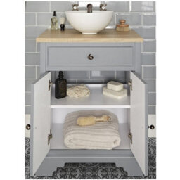 Homestylestore 645mm Light Grey And Oak Bathroom Vanity Unit With Round Countertop Basin And Bronze Round Handles - thumbnail 3