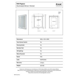 RAK Ceramics Rak Pegasus 600X800mm Illuminated Bathroom Mirror With Demister & Shaving Socket, Ip44 - thumbnail 2