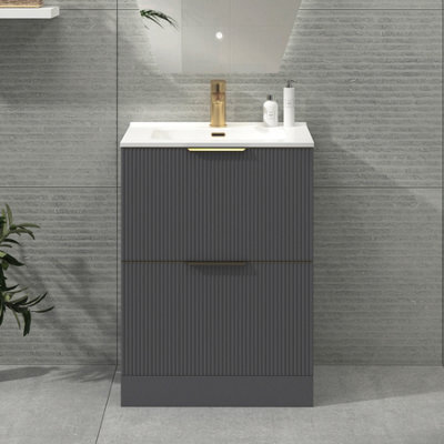 Royal Bathrooms Evora 700mm Graphite Grey Fluted Floor Standing Vanity Unit 2 Drawer With Ceramic Basin & Brushed Brass Handles - image 1