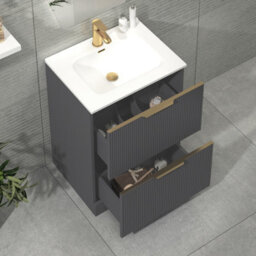 Royal Bathrooms Evora 700mm Graphite Grey Fluted Floor Standing Vanity Unit 2 Drawer With Ceramic Basin & Brushed Brass Handles - thumbnail 4