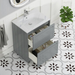 Royal Bathrooms Elmore 600mm Traditional Floor Standing 2 Drawer Bathroom Vanity Unit With Sintered Stone Basin Sink - Pebble Grey - thumbnail 5