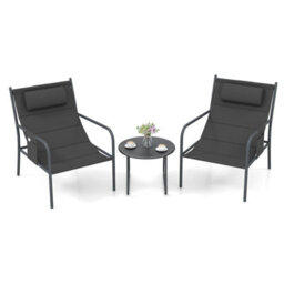 Gainoom 3 Piece Grey Outdoor Bistro Set Patio Metal Chair & Coffee Table Set - thumbnail 1