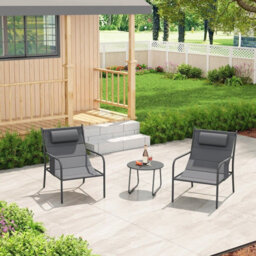Gainoom 3 Piece Grey Outdoor Bistro Set Patio Metal Chair & Coffee Table Set - thumbnail 3