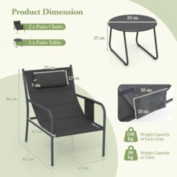 Gainoom 3 Piece Grey Outdoor Bistro Set Patio Metal Chair & Coffee Table Set - thumbnail 2