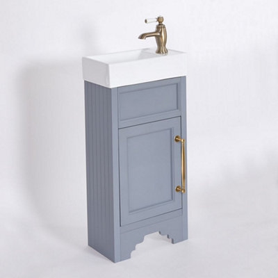 Homestylestore Light Grey 400mm Bathroom Vanity Unit With Basin And Aged Gold T Bar Handles - image 1
