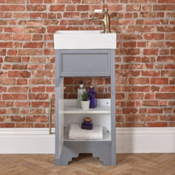 Homestylestore Light Grey 400mm Bathroom Vanity Unit With Basin And Aged Gold T Bar Handles - thumbnail 3