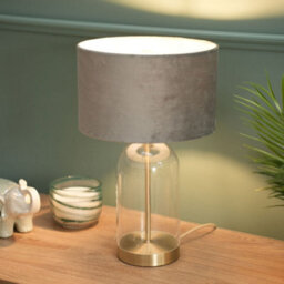 Valuelights Jessy Glass And Gold Metal Bedside Table Lamp With A Grey Velvet Lampshade - Bulb Included - thumbnail 3
