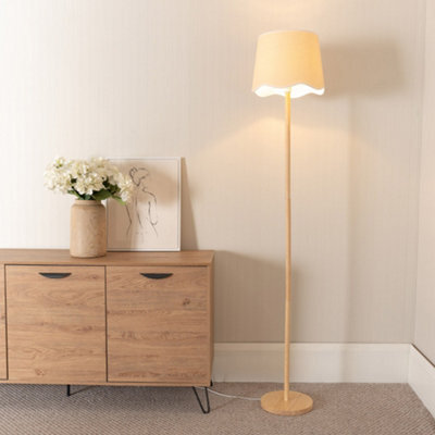 Valuelights Heather Light Wood Stem Floor Lamp With Scallop White Trim Tapered Shade And Led Bulb - image 1