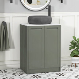 Royal Bathrooms Royal Bathroom Elmore 600mm Matt Green Freestanding Bathroom Vanity Unit 2 Door Plain White Worktop With Milan Black Basin - thumbnail 1