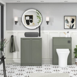 Royal Bathrooms Royal Bathroom Elmore 600mm Matt Green Freestanding Bathroom Vanity Unit 2 Door Plain White Worktop With Milan Black Basin - thumbnail 5