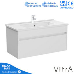 Vitra 1000mm Wall Hung Bathroom Vanity Unit With 1 Drawer & Basin - White Gloss Includes Chrome Tap - thumbnail 1