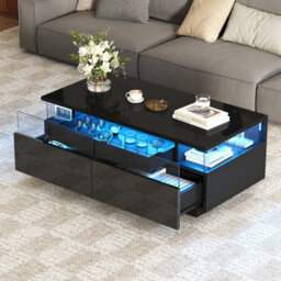 Matteo Modern High-Gloss Black Coffee Table With Led, Storage & Removable Tray - 90X45X35.5Cm - thumbnail 2