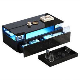 Matteo Modern High-Gloss Black Coffee Table With Led, Storage & Removable Tray - 90X45X35.5Cm - thumbnail 8