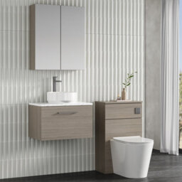 Nuie Arno Wall Hung 1-Drawer Modern Vanity Unit With Solace Oak Laminate Worktop, Stylish Counter Top Vanity Unit In Solace Oak - thumbnail 3