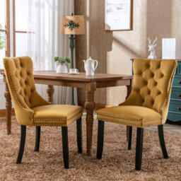 HomeTouch Set Of 2 Lux Yellow Velvet Tufted Dining Chairs With Pull Knocker, Wing Back Kitchen Chairs Home Office Bedroom Chairs