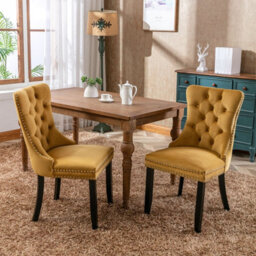 HomeTouch Set Of 2 Lux Yellow Velvet Tufted Dining Chairs With Pull Knocker, Wing Back Kitchen Chairs Home Office Bedroom Chairs - thumbnail 5