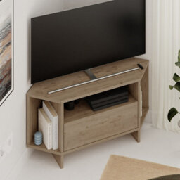 Decortie Modern Viva Corner Tv Unit Up To 40 Inch Tvs Push-To-Open Storage Cabinet, Open Shelf Media Centre 95.7(W)Cm Natural Oak