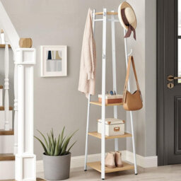 Four Shelf Coat Stand With Double Hooks, Hallway Clothes Organizer, Metal Frame Storage, Oak And White