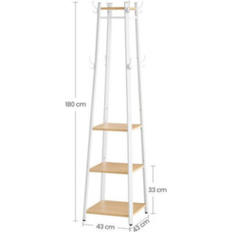 Songmics Vasagle Four Shelf Coat Stand With Double Hooks, Hallway Clothes Organizer, Metal Frame Storage, Oak And White - thumbnail 2