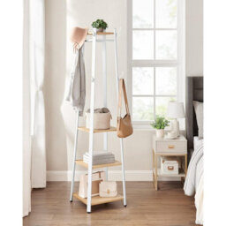 Songmics Vasagle Four Shelf Coat Stand With Double Hooks, Hallway Clothes Organizer, Metal Frame Storage, Oak And White - thumbnail 3