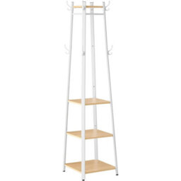 Songmics Vasagle Four Shelf Coat Stand With Double Hooks, Hallway Clothes Organizer, Metal Frame Storage, Oak And White - thumbnail 9