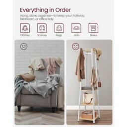 Songmics Vasagle Four Shelf Coat Stand With Double Hooks, Hallway Clothes Organizer, Metal Frame Storage, Oak And White - thumbnail 7