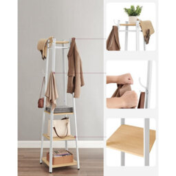 Songmics Vasagle Four Shelf Coat Stand With Double Hooks, Hallway Clothes Organizer, Metal Frame Storage, Oak And White - thumbnail 8