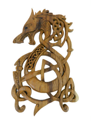 Wooden Dragon Wolf Wall Art Carving Hanging Tile Plaque - Fenrir - image 1