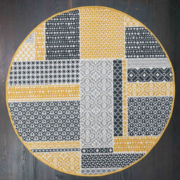 Loomed Yellow Ochre Grey Floral Patchwork Living Room Round Circular Mat 120X120Cm - thumbnail 4