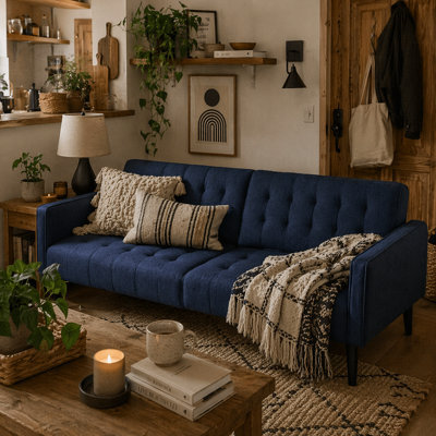 Wyld Haus Rolano Dark Blue 3-Seater Sofa Bed With Tufted Diamond Pattern And Split-Back Recline - image 1