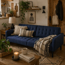 Wyld Haus Rolano Dark Blue 3-Seater Sofa Bed With Tufted Diamond Pattern And Split-Back Recline - thumbnail 1