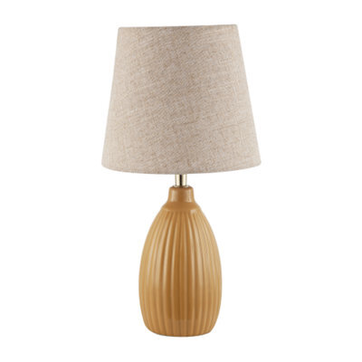 Happy Homewares Mustard Etched Lined Ceramic Gloss Table Lamp With Linen Fabric Shade - image 1