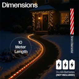 My Smart Buy 10M Candy Cane Warm White Festive Tube Light - 100 Micro Leds, 8 Function Controller, Battery Operated - Indoor Outdoor Display - thumbnail 2
