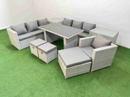 Fimous Patio Garden Furniture Sets With Black Glass Top Dining Table 3 Seater Sofa Armchair 2 Side Tables 3 Stool Light Grey - thumbnail 2