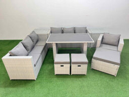 Fimous Patio Garden Furniture Sets With Black Glass Top Dining Table 3 Seater Sofa Armchair 2 Side Tables 3 Stool Light Grey - thumbnail 1