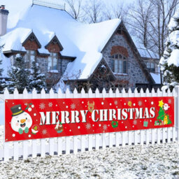 Amorly Merry Christmas Banner 0.5X3M, Red Santa Snowman Hanging Sign, Indoor Outdoor Xmas Party Holiday Decoration For Yard, Garden Fence - thumbnail 1