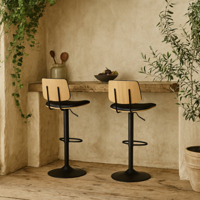 Wyld Haus Nairobi Swivel Bar Stool Set Of 2 Black Faux Leather & Oak Veneer, Height Adjustable 64 85 Cm - image 1