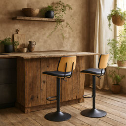 Wyld Haus Nairobi Swivel Bar Stool Set Of 2 Black Faux Leather & Oak Veneer, Height Adjustable 64 85 Cm - thumbnail 2