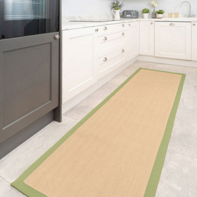 Loomed Beige Natural Jute Herringbone Pattern Non Slip Green Border Rug 60Cm X 6000Cm - image 1