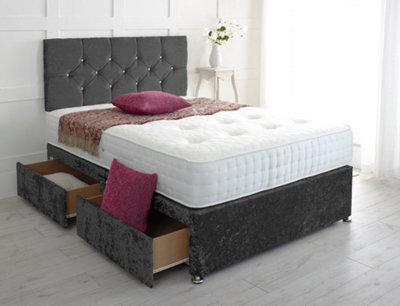 Adore Designs Diamond Cut Crushed Velvet Divan Bed, With Pocket Mattress - 4Ft Small Double - Black - 2 Drawers Same Side