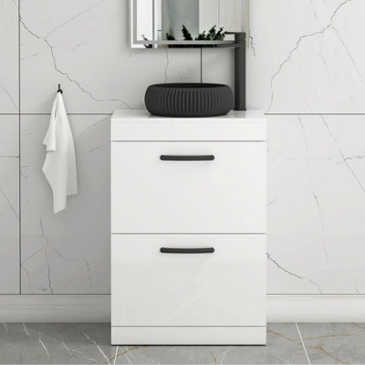 Royal Bathrooms Turin 600mm Freestanding Bathroom Vanity Unit With Sink 2 Drawer Gloss White & Milan Black Countertop Basin - image 1