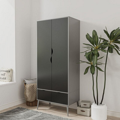 Urbn-Living Urbnliving 180Cm Height Grey Wardrobe With Black 2 Door 2 Drawer Scandi Legs Cupboard Hanging Rail Unit - image 1