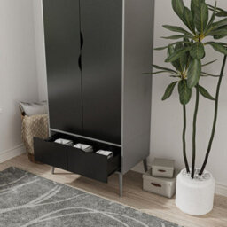 Urbn-Living Urbnliving 180Cm Height Grey Wardrobe With Black 2 Door 2 Drawer Scandi Legs Cupboard Hanging Rail Unit - thumbnail 6