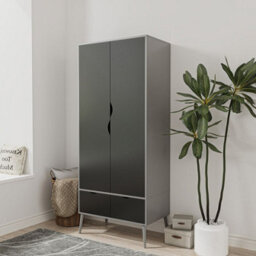 Urbn-Living Urbnliving 180Cm Height Grey Wardrobe With Black 2 Door 2 Drawer Scandi Legs Cupboard Hanging Rail Unit - thumbnail 1